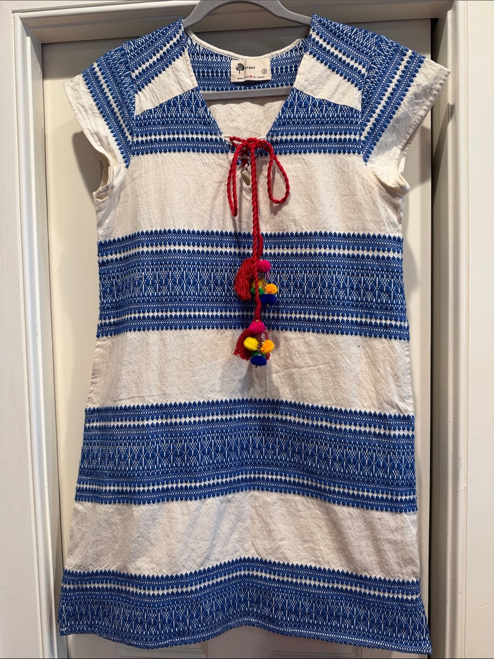 Anthropologie Blue & White Embroidered Tassel Dress